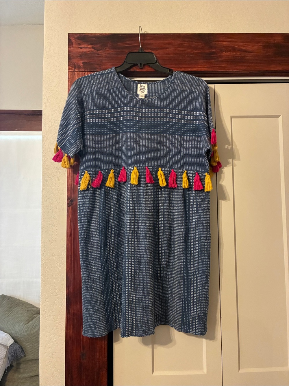 Ivy Jane Blue Short-Sleeve Dress with Pink & Yellow Tassels